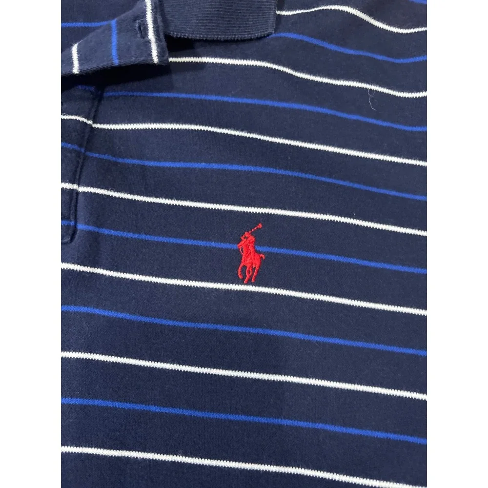Polo Ralph Lauren Mens Medium Navy Blue Striped Short Sleeve Polo Shirt Cotton